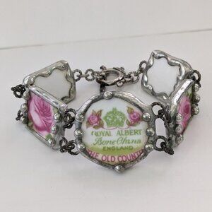 Artisan ROYAL ALBERT Pottery Shard Silver Tone Wrapped Panel Bracelet